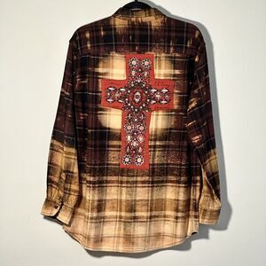 Boutique, One of a Kind, Oversized, Appliquéd Cross, Flannel Shirt, M/L/XL